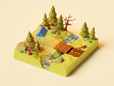 Missing spring...🌱 3d 3d illustration blender branding camping concept diorama forest illustration isometric low poly lowpoly lowpolyart model nature render river scene spring