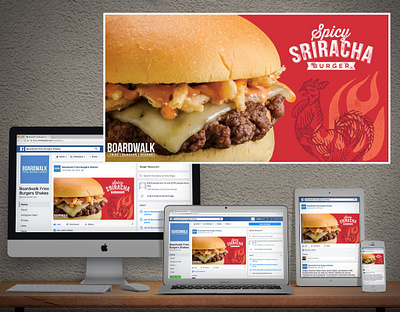 Boardwalk Sriracha Burger Facebook Ad boardwalk branding burger cheeseburger facebook facebook ad facebook ads fire food instagram instagram post limited edition rooster social media social media banner social media design socialmedia sriracha