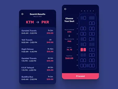 Bus Seat Booking App - Dark UI android app booking bus colors dark darkui design digital iphone nepal night travel ui uiux ux