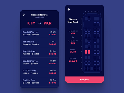 Bus Seat Booking App - Dark UI android app booking bus colors dark darkui design digital iphone nepal night travel ui uiux ux