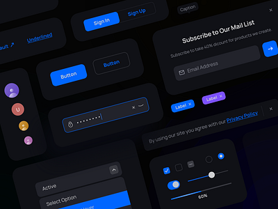 Unique DS - Components Dark Theme 🔥 app dark dark theme dark ui design design system flat flat design flatdesign icon input interface mobile app night owl typography ui ux vector web