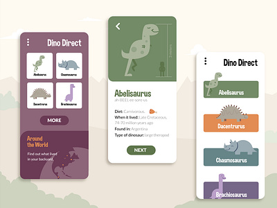 DinoDirect app dinosaur education illustration illustrator kids app learning typography ui ux uidesign