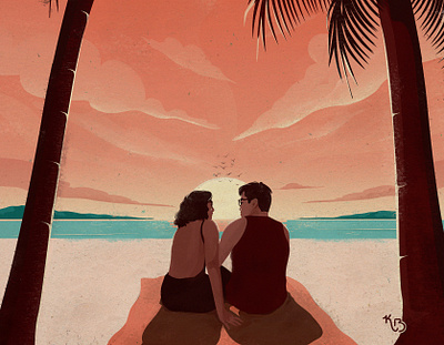 Warmth beach beach sand clouds couple digital art gazing illustration illustrations palmtree sand sea serene serenity silhouette sun sunglasses sunset texture warmth
