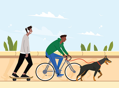 Jogging with doggo animal artwork bicycle body boy character creative design dog flat illustration jogging plant skateboard vector walk