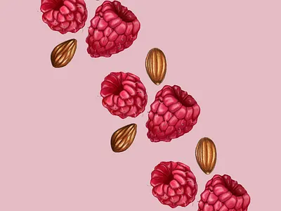 Raspberry Almond Pattern almond art design etsy food foodillustration frambuesas illustration pink raspberries raspberry red vegan
