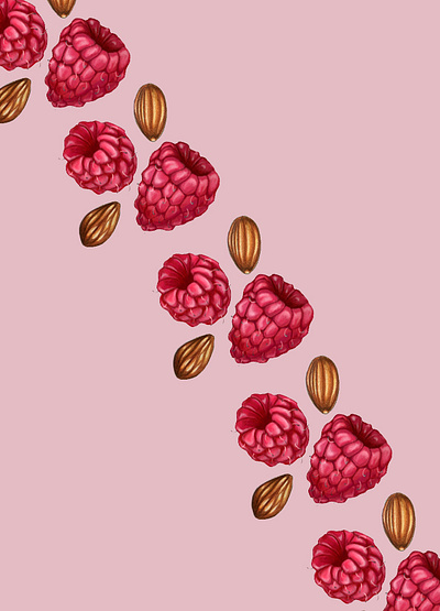 Raspberry Almond Pattern almond art design etsy food foodillustration frambuesas illustration pink raspberries raspberry red vegan