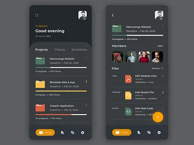 Project Management App Dark Mode 2020 trend app design color design designer fileupload minimal project mangement teamwork trendy uiuxdesigner userinterface ux uxdesign visual design