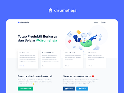 dirumahaja - a #StayAtHome Project articles blog book corona freelance tools illustration jobs landing page onboarding podcast remotework resource stayathome stayhome ux learn video channel web design