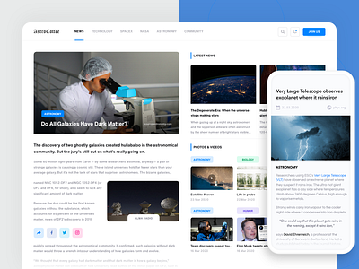 AstroCoffee - science news exploration colorful design grid mobile news science space ui user interface web website