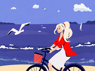 On bike air art beautiful blue breeze character clouds colorful design girl graphic gull hair illustration ocean sand sea vector waves wind
