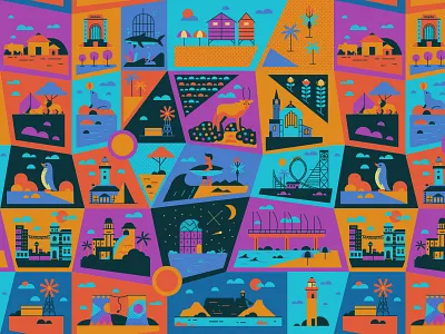 Places beach big 5 cape town character coastal graphic illustration lighthouse map pattern pattern design retro sharks surfer travel vector