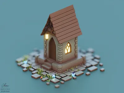 Elven fairytale house 3d illustration b3d blender bricks cabin diorama elven house enchanted fairytale fantasy art isometric
