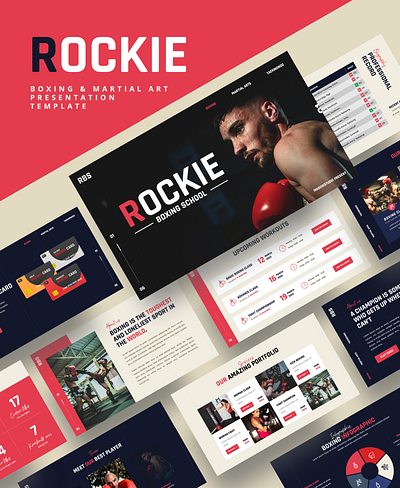 ROCKIE – Boxing & Martial Art Powerpoint Template arena box boxer boxing boxing presentation dark fight fighter fitness gloves gym karate kickboxing martial art match mma power professional punch red