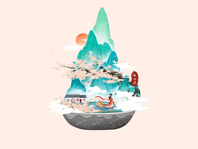 Microscopic scene - Chinese ink-wash illustration chinese chinese ink wash painting flowers illustration microscopic scene spring