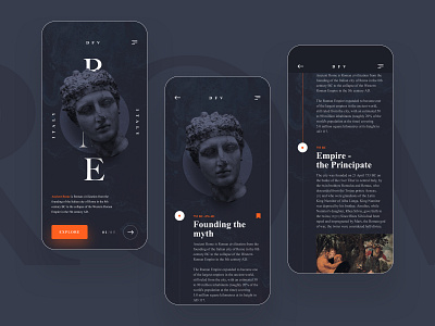 Ancient Rome - History App Dark ancient blog dark dark app dark mode design museum read roma rome ui user inteface