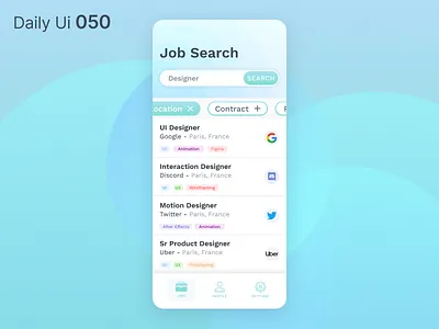 Daily Ui 050 - Job Listing app colors daily 100 challenge daily ui daily ui 050 dailyui design designer discord google job search searching twitter uber ui ui design uidesign ux work