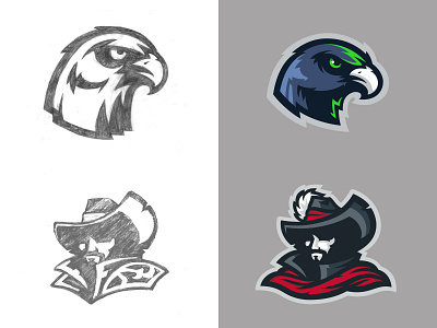 Sketch & Final Hawk & Cavalier animal bird cavalier condor eagle fierce hawk illustration mascot musketeer pirate sports swordsman