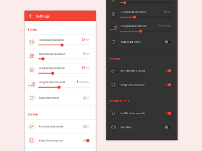 Daily UI #007 : Settings 3petitspixels adobe xd adobexd app appdesign branding challenge dailyui dailyui 007 dark mode dark theme design icon mobile pomodoro productivity productivity app settings ui vector