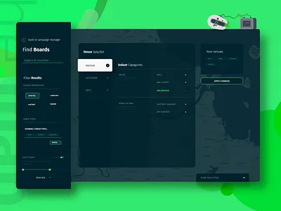 CAASie - Map Filtering. Find a Billboard. billboard billboards caasie dashboard dashboard design dashboard ui design filter filtering filters flat map mapbox minimal ui vector web app design