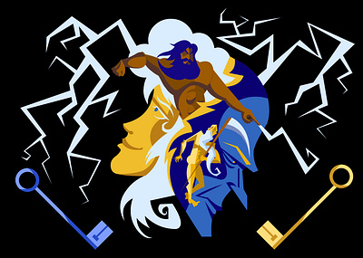 the myth of Janus blue chronos god gods graphic graphic illustration hero illustration janus jupiter key legend legends lightning minimal myth mythology thunder tom whalen yellow