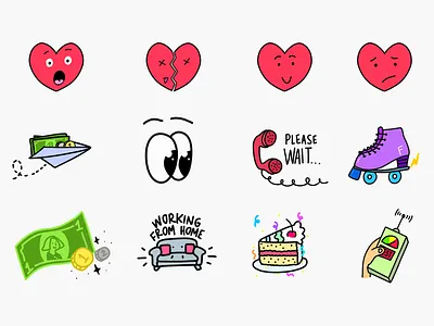 Stickers collection birthday elsma emojis expressions happy heart illustration illustration art imessage imessagestickers money roller sendmoney wfh whatsapp whatsappstickers