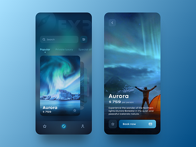 EXP Travel App app app design booking clean dark mode dark ui gradient interface ios journey mobile travel trip