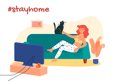 Stay at home cat chill illustration stay home tv vector virus woman