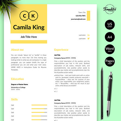Modern Resume for Word & Pages “Camila King” 1 page resume 2 page resume 3 page resume clean cv template clean resume curriculum vitae cv template modern cv modern resume professional resume resume design resume for word resume template resume template word simple resume word cv word resume