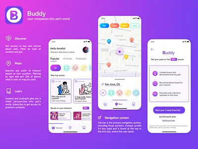 Buddy - Designflows 2020 bendingspoons buddy colorful designflows designflows2020 discover learn navigation paywall pet app pet care pet logo pets purple ui ui ux uidesign