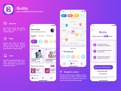 Buddy - Designflows 2020 bendingspoons buddy colorful designflows designflows2020 discover learn navigation paywall pet app pet care pet logo pets purple ui ui ux uidesign