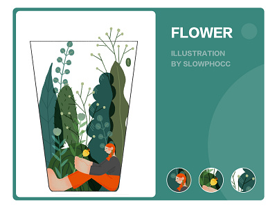 Flowers bird cup flat flora flower girl green illustration plants sit vase watching woman