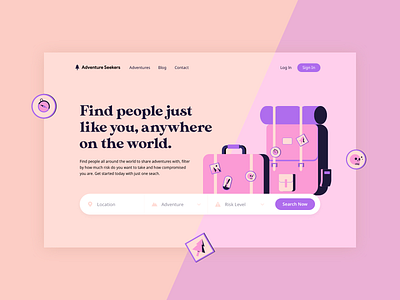 Adventure adventure cartoonish design flat header hellohello hero illustration interface pink typography ui ux vector web website