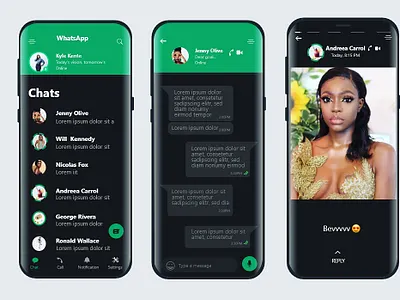 Whatsapp Dark Mode + Redesign adobe xd app best design brand brand design branding chat daily 100 challenge dailyui design figma freelance design messaging app minimal mobile design mockup social app trending whatsapp xddailychallenge