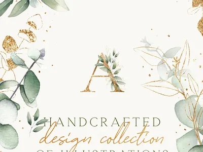 Watercolor Foliage & Gold Alphabet art background clipart design floral flowers foliage foliage elements gold gold alphabet golden graphic graphic design graphic elements graphics illustration texture vector watercolor watercolor foliage