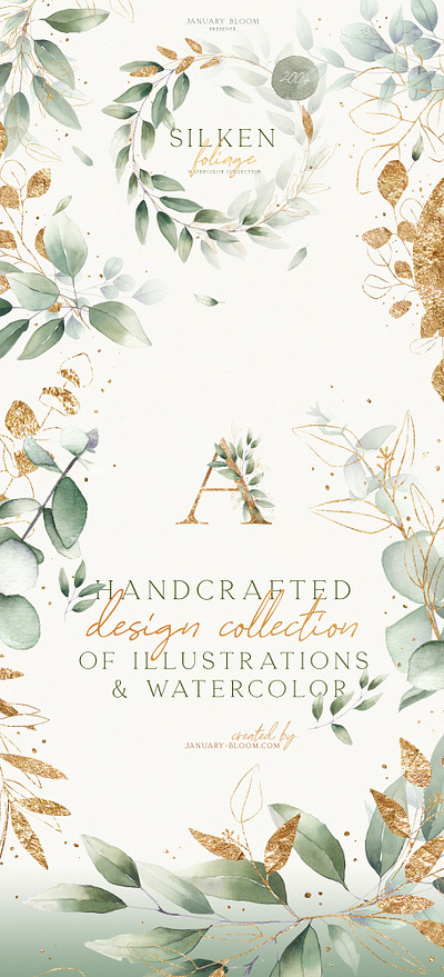 Watercolor Foliage & Gold Alphabet art background clipart design floral flowers foliage foliage elements gold gold alphabet golden graphic graphic design graphic elements graphics illustration texture vector watercolor watercolor foliage