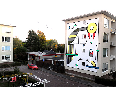 PECHVOGEL, DORDRECHT abstract acrylic artwork big birds black design dordrecht fun illustration kidsdesign mural naiveart painting publicart riqetiq thenetherlands wall wallpainting yellow