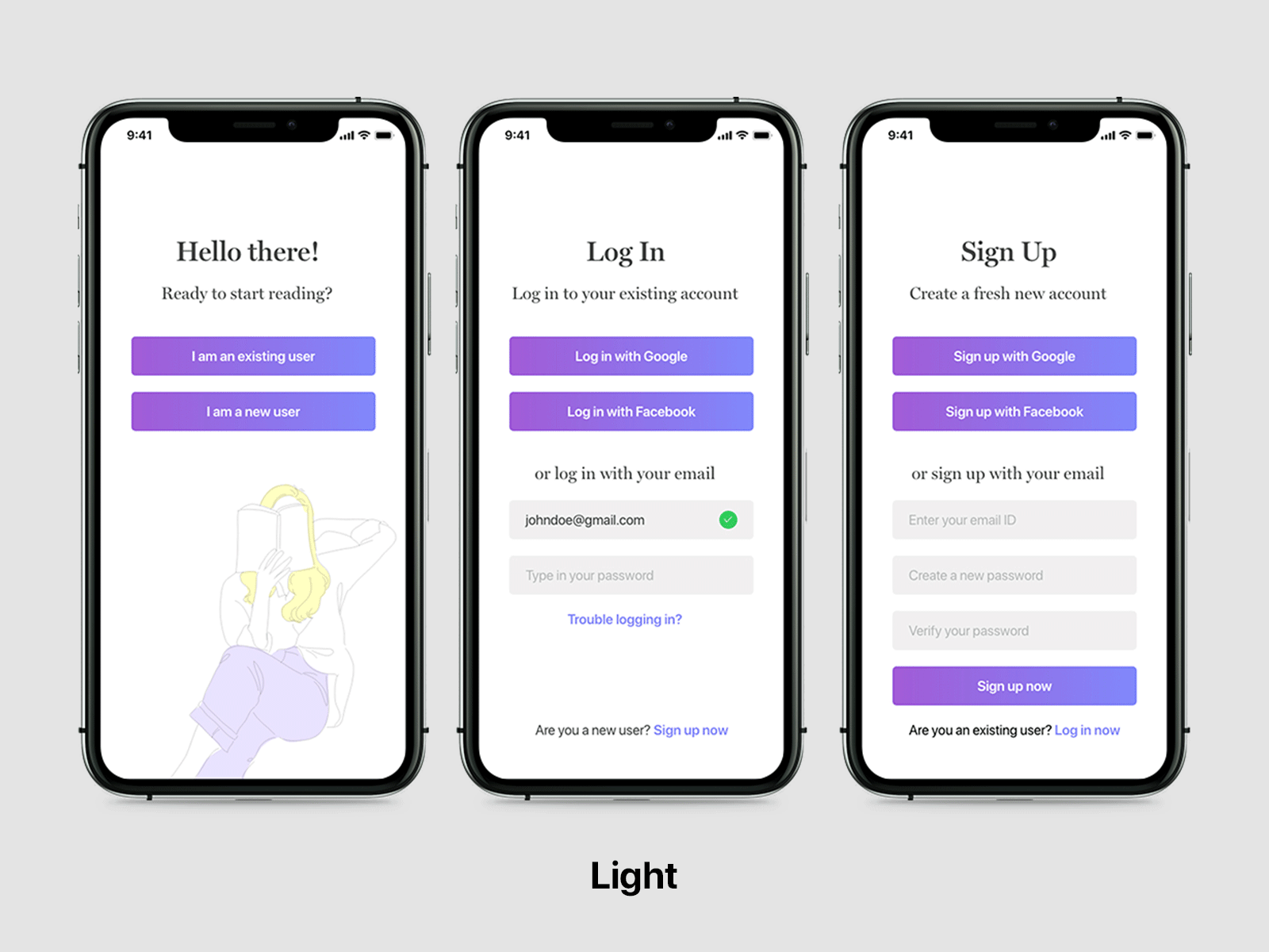 Login Screen for iOS Reader App dark mode dark theme dark ui gif illustration light mode login minimal mobile app sign up