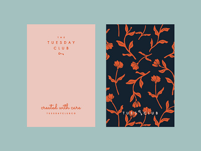 The Tuesday Club - Created With Care brand branding branding design cute feminine floral floral pattern flower pattern flowers leave behinds logo minimal pattern pattern design pin backs pink print print design print ready spring