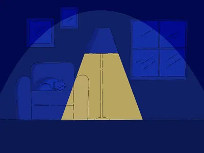 a calming scene blues broken lines calming cat classic blue dark domestic evening graphic design home illustration light minimal nap time shadows stay home yellow