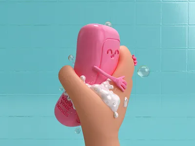 Wash your f*cking hands 3d bath bubbles c4d characterdesign coronavirus covid 19 dribbble pink render soap