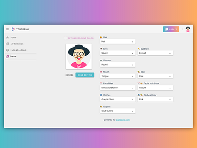 Youtorial - Avatar Builder app app design avatar desktop app elearning profile ui user ux video vue vue.js youtorial youtube