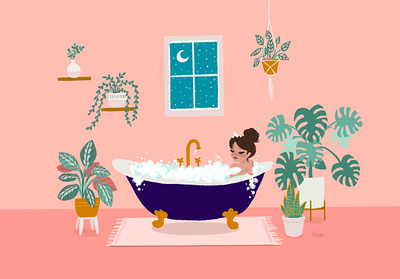 Bath time bathroom bathtub digital illustration digital painting illustration ipad pro ipadpro ipadproart monstera deliciosa plant illustration procreate quarantine and create stayhome succulents women in illustration