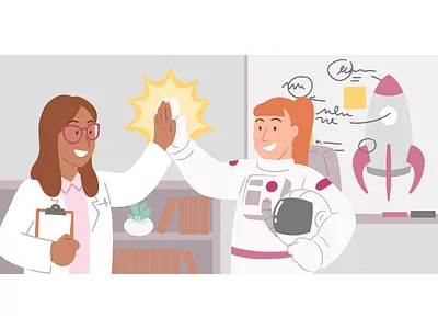 Astronaut Teamwork astronaut doctor flat illustration high five researcher rocket rocketship scientist whiteboard