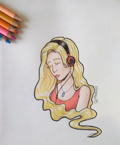 Listening to some music aesthetic art drawing girl illustration illustrator ilustración pencil color traditional art