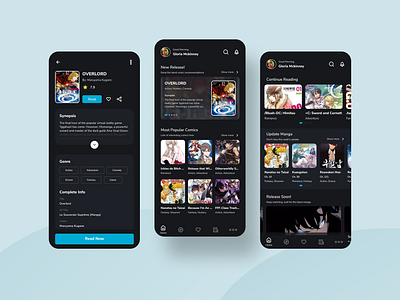 Comic Apps - UI Design anime art black blue comic comics dark dark mode design figma manga mangaart mobile app mobile ui read reading app ui ui design uiux ux