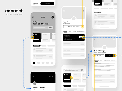 Connect App - Wireframes #2 app black clean design design flat job job application job listing mobile app mobile app design product resume ui ux wireframe wireframe design