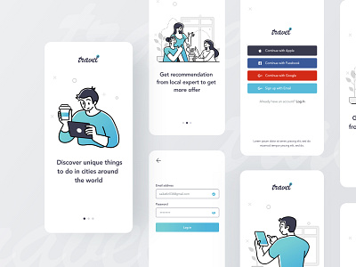 Travel mobile application design exploration agency application design character design gradient guide header illustration illustrations mobile app mobile ui travel travel agency travel app travelling trendy uiux ux web website