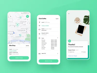 Electricity Sharing Mobile App android app checkout circular clean e sharing electricity green ios map minimalist mobile mobile app plug sharing sleek ui user experience user interface ux