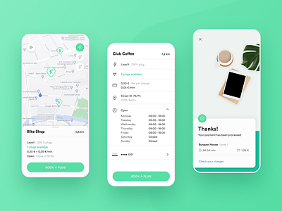 Electricity Sharing Mobile App android app checkout circular clean e sharing electricity green ios map minimalist mobile mobile app plug sharing sleek ui user experience user interface ux