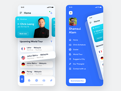 docBook - Personal Doctor Booking App (Part 4) app blue booking country design doctors industry medical menu personal schedule slide ui ui ux world tour